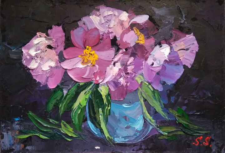 Painting titled "Peonies in a vase" by Lana Light S., Original Artwork, Oil