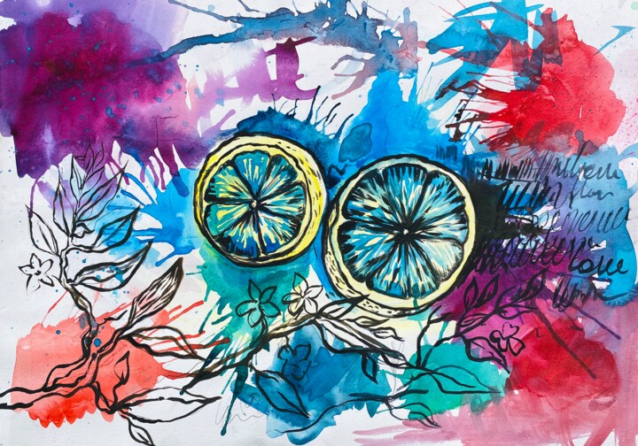 Painting titled "Lemon paintings" by Lana Mur, Original Artwork, Watercolor