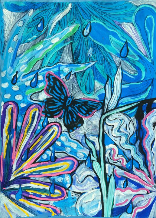 Peinture intitulée "Blue night butterfl…" par Lana Mur, Œuvre d'art originale, Gouache