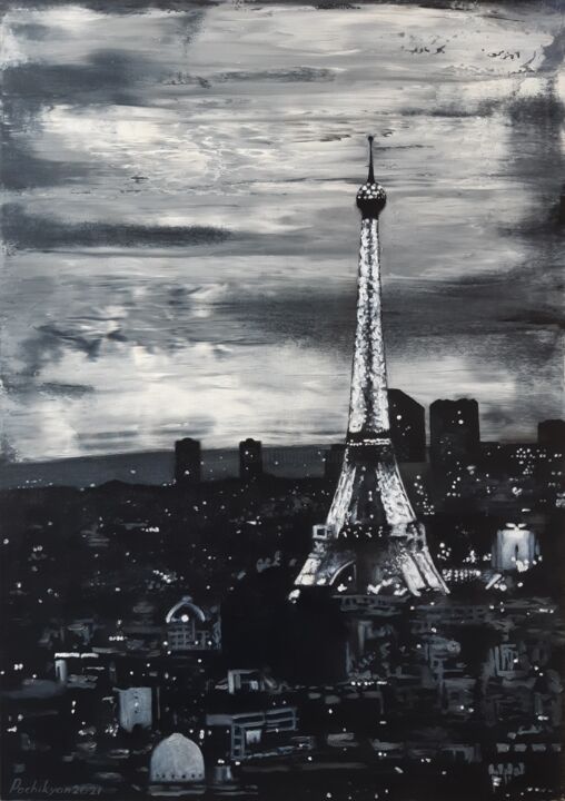 Картина под названием "Paris at night" - Лана Почикян, Подлинное произведение искусства, Масло Установлен на Подрамник