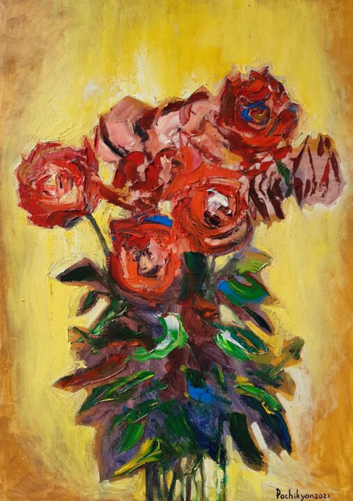 Картина под названием "Red roses2" - Лана Почикян, Подлинное произведение искусства, Масло