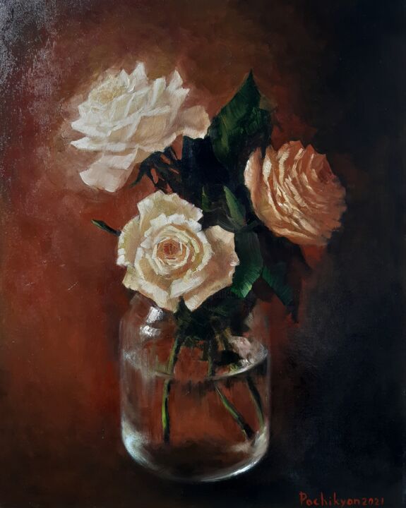 Painting titled "White roses" by Lana Pochikian, Original Artwork, Oil Mounted on Wood Stretcher frame