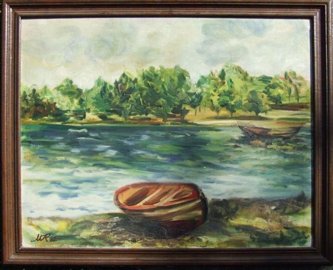 Painting titled "BOAT" by Landscape Art, Original Artwork, Oil