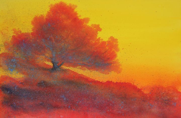 Painting titled "L'arbre au matin sé…" by Stéphane Langeron, Original Artwork, Watercolor