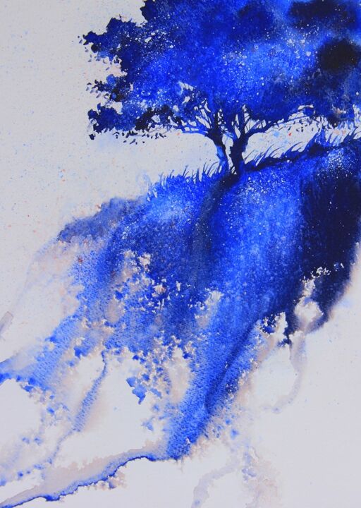 Картина под названием "Un arbre bleu et se…" - Stéphane Langeron, Подлинное произведение искусства, Акварель