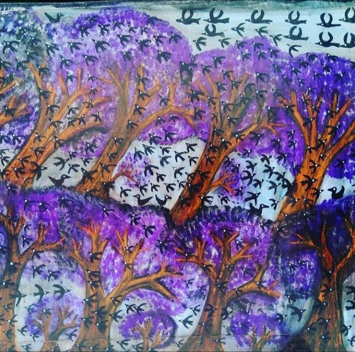 Картина под названием "birds story" - Lanjar Jiwo Art Studio, Подлинное произведение искусства, Акрил Установлен на Деревянн…