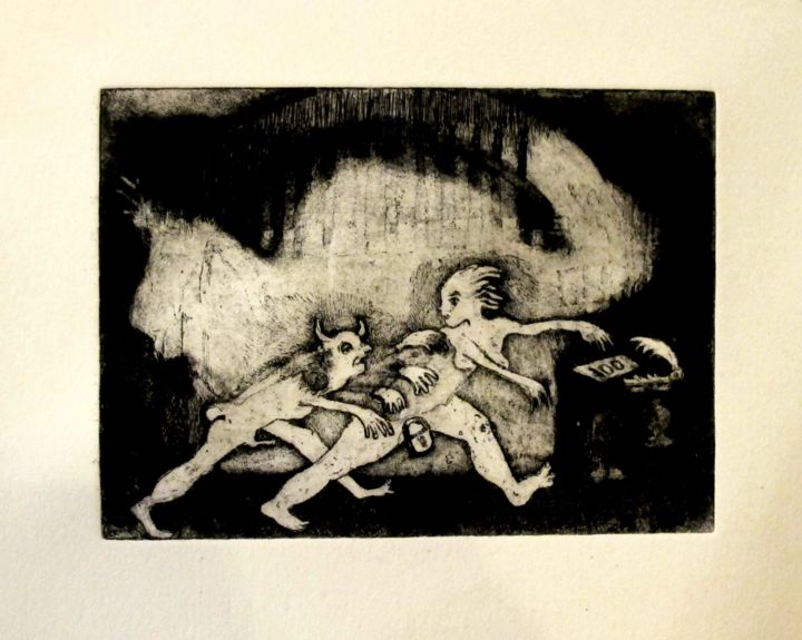 Gravures & estampes intitulée "tel est pris qui cr…" par René Lannoy, Œuvre d'art originale, Eau-forte