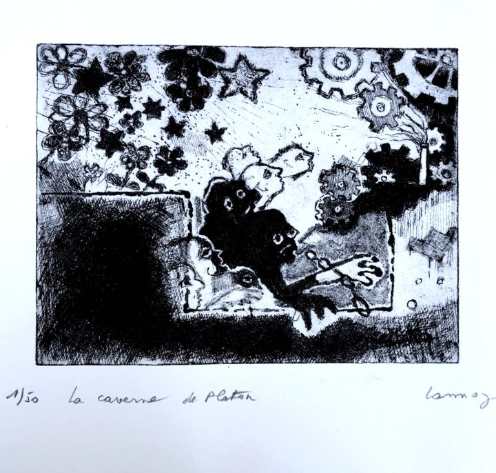 Incisioni, stampe intitolato "La CAVERNE de Plato…" da René Lannoy, Opera d'arte originale, Acquaforte