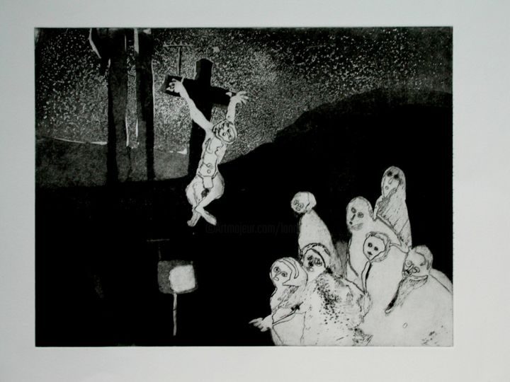 Gravures & estampes intitulée "gravure,Christ: qu'…" par René Lannoy, Œuvre d'art originale, Eau-forte