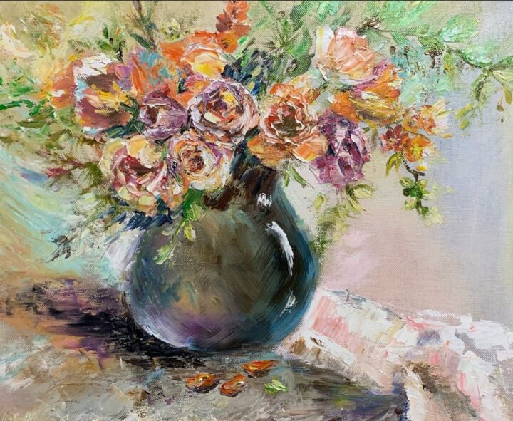 Ζωγραφική με τίτλο "oil peach roses in…" από Светлана Лановенко, Αυθεντικά έργα τέχνης, Λάδι