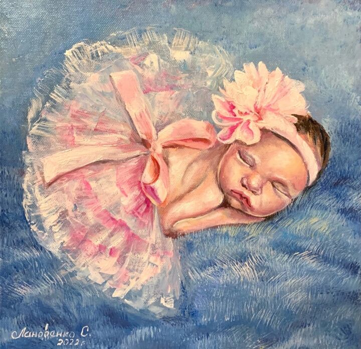 Newborn Baby Cute Baby Sleeping Girl Oil, Painting by Svetlana Lanovenko