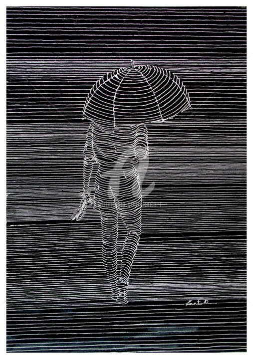 Картина под названием "Parapluie de nuit" - Lanto R., Подлинное произведение искусства, Чернила