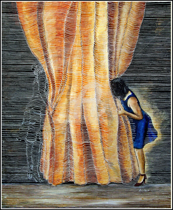 Schilderij getiteld ""Il y a quelqu'un ?"" door Lanto R., Origineel Kunstwerk, Acryl Gemonteerd op Frame voor houten brancard