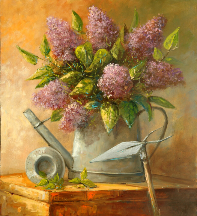 Картина под названием "Rural lilac still l…" - Gyorgy Lantos, Подлинное произведение искусства, Масло