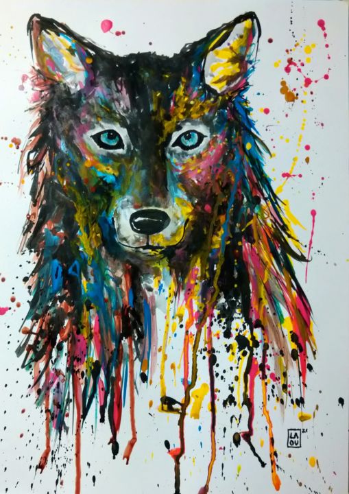 Dessin intitulée "Loup : L310" par Laou, Œuvre d'art originale, Encre