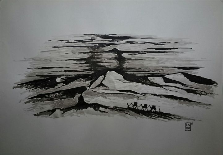 Drawing titled "Coucher Saharien :…" by Laou, Original Artwork, Ink Mounted on Glass