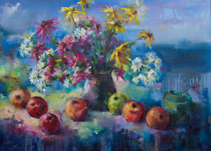 Pittura intitolato "Red apples on blue" da Olha Laptieva, Opera d'arte originale, Olio