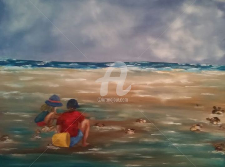 Pintura intitulada "playing on the beach" por Lara Campos, Obras de arte originais