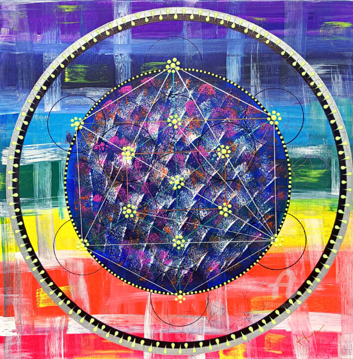 Painting titled "Meta-Rainbow" by Lara Lite Art, Original Artwork, Acrylic Mounted on Wood Panel