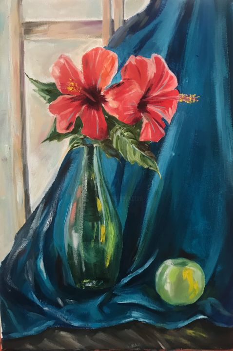 Painting titled "Hibiscus" by Lara Udil, Original Artwork, Oil