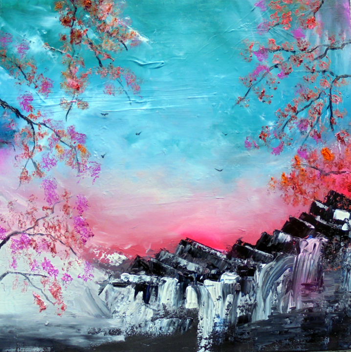 Painting titled "Paysage japonais" by Guideli, Original Artwork, Oil Mounted on Wood Stretcher frame