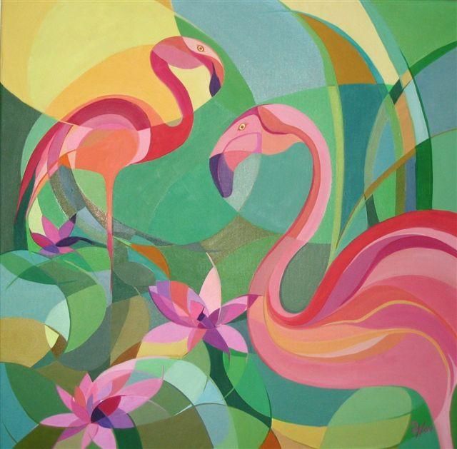 Schilderij getiteld "Flamingoes 1" door Lara Meissirel, Origineel Kunstwerk