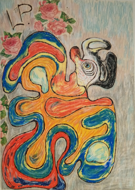 Malerei mit dem Titel "Kakadu an einer Rose" von Lari Peters, Original-Kunstwerk, Pastell