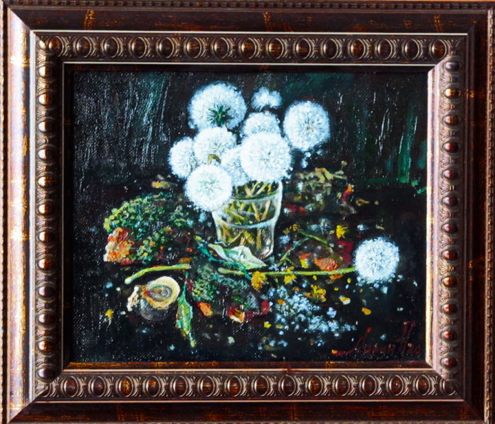 Painting titled "Одуванчики на стекле" by Larin Nikolay, Original Artwork, Oil