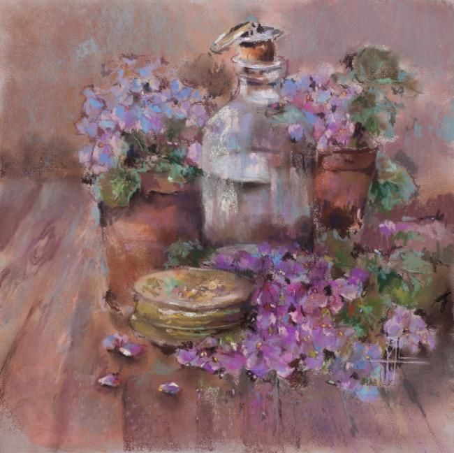 Картина под названием "Натюрморт с фиалками" - Вера Ларионова, Подлинное произведение искусства