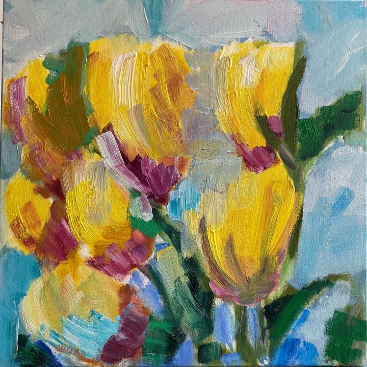 Картина под названием "Yellow tulips" - Larisa Bogdanova, Подлинное произведение искусства, Масло