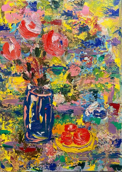 Картина под названием "Bright abstract flo…" - Larisa Bogdanova, Подлинное произведение искусства, Масло