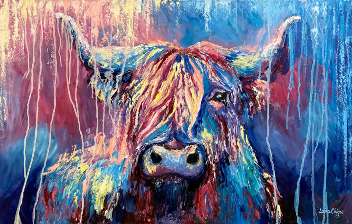 Painting titled "Cow painting on can…" by Larisa Chigirina, Original Artwork, Oil Mounted on Wood Stretcher frame