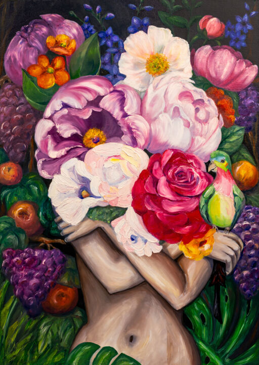 Pittura intitolato "Woman with flowers.…" da Larisa Chigirina, Opera d'arte originale, Olio Montato su Telaio per barella in…
