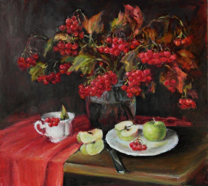 Картина под названием "Калина и яблоки" - Лариса Корзникова, Подлинное произведение искусства, Масло