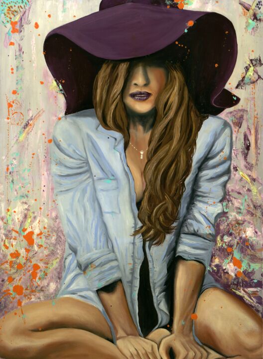 Painting titled "Lucky purple hat -…" by Larisa Lavrova, Original Artwork, Oil Mounted on Wood Stretcher frame