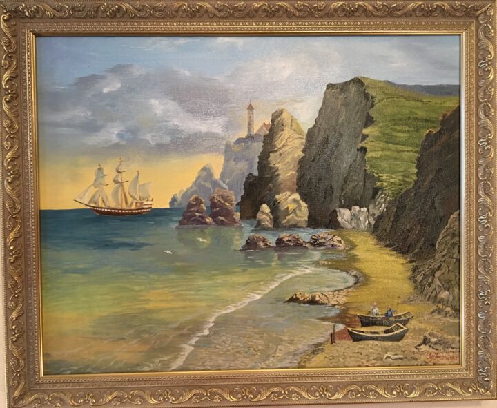 Painting titled "French coast- Origi…" by Larisa Lavrova, Original Artwork, Oil Mounted on Wood Stretcher frame