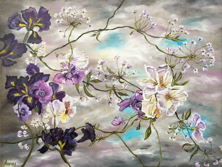 Картина под названием "Irises 2 - Original…" - Larisa Lavrova, Подлинное произведение искусства, Масло Установлен на Деревян…