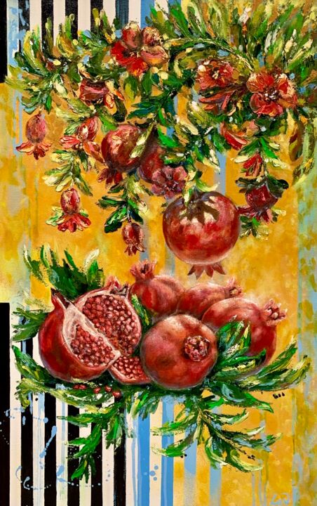 Painting titled "Pomegranates" by Larisa Lavrova, Original Artwork, Oil Mounted on Wood Stretcher frame