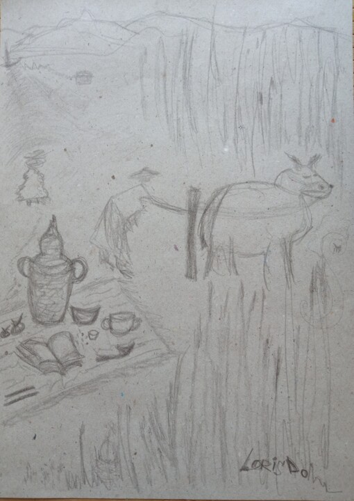 Zeichnungen mit dem Titel "Breakfast on the gr…" von Larisa Leontjeva, Original-Kunstwerk, Kohle
