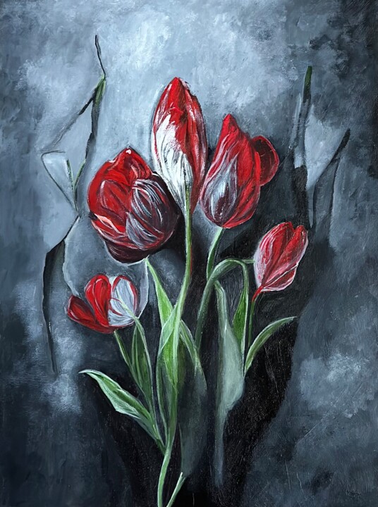 Painting titled "Why are tulips cryi…" by Larisa Robins, Original Artwork, Acrylic Mounted on Cardboard