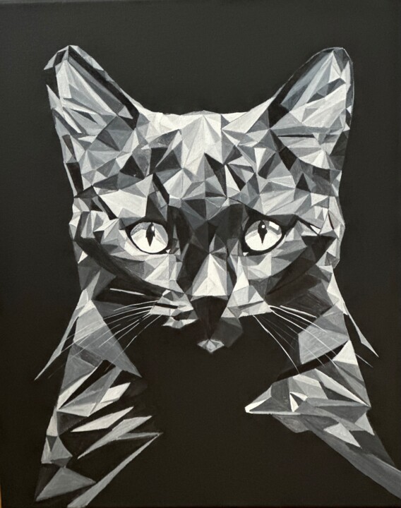 Painting titled "Black cat" by Larisa Robins, Original Artwork, Acrylic Mounted on Wood Stretcher frame