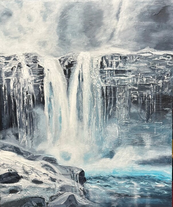 Painting titled "Winter waterfall" by Larisa Robins, Original Artwork, Acrylic Mounted on Wood Panel