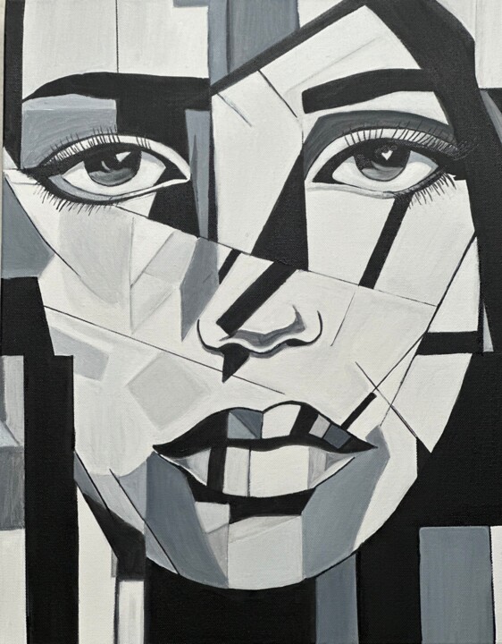 Painting titled "Facial Geometry 2" by Larisa Robins, Original Artwork, Acrylic Mounted on Wood Stretcher frame