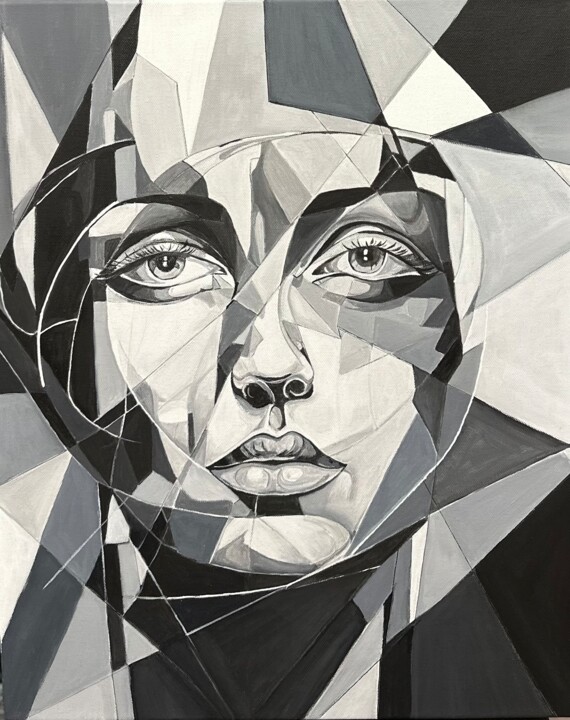 Painting titled "Facial Geometry 5" by Larisa Robins, Original Artwork, Acrylic Mounted on Wood Stretcher frame