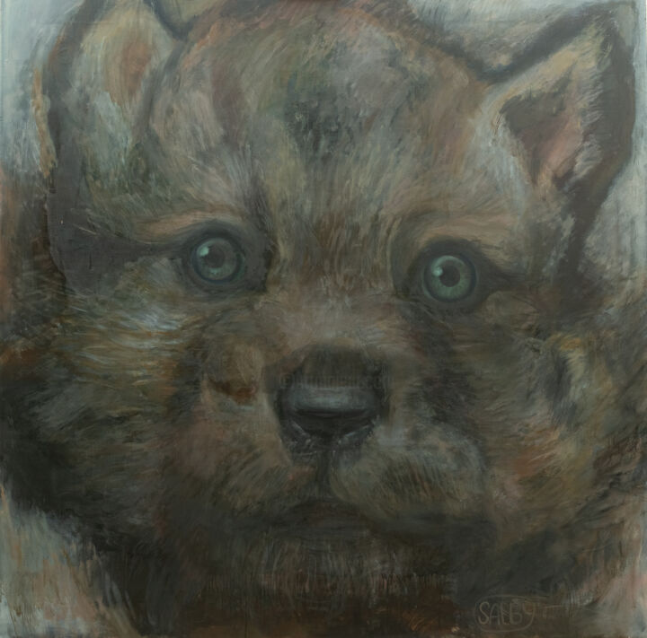 Painting titled "Cubs. Baby wolf" by Larisa Salby, Original Artwork, Oil Mounted on Wood Stretcher frame