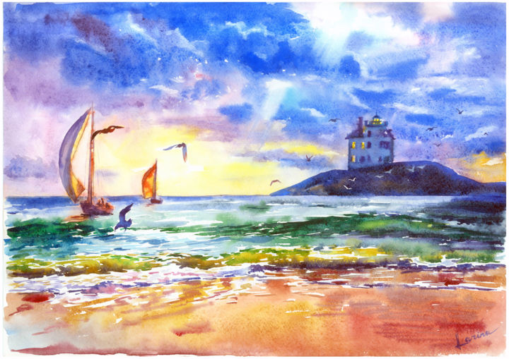 Картина под названием "Lighthouse at sunset" - Olga Larina, Подлинное произведение искусства, Акварель