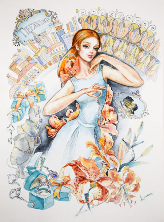 Painting titled "Girl with jewelry" by Olga Larina, Original Artwork, Watercolor
