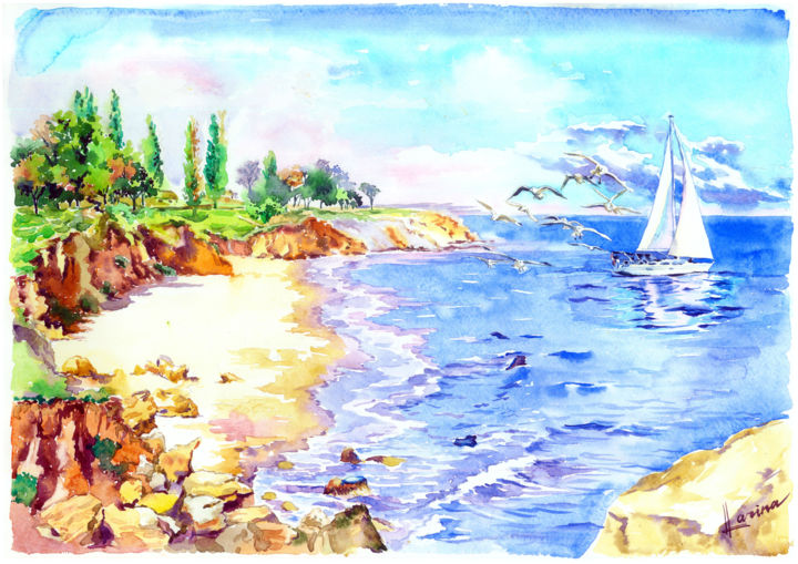 Картина под названием "Sunny beach" - Olga Larina, Подлинное произведение искусства, Акварель