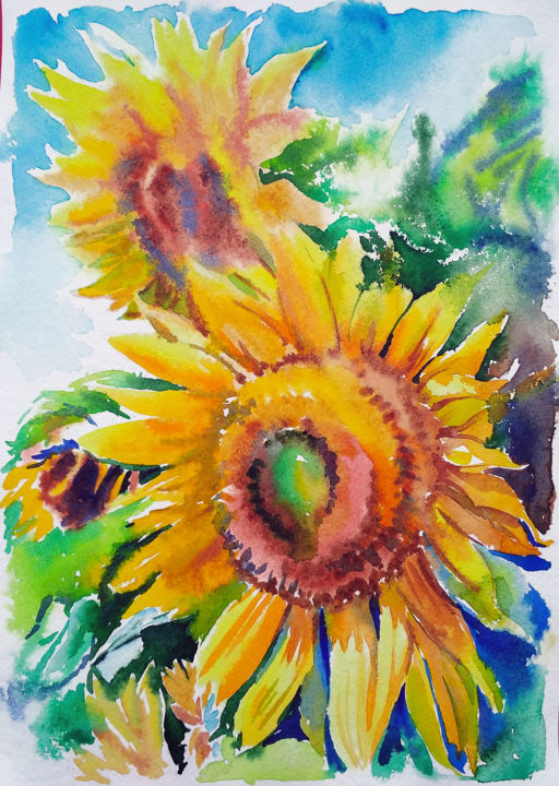 Картина под названием "Sunflower" - Olga Larina, Подлинное произведение искусства, Акварель