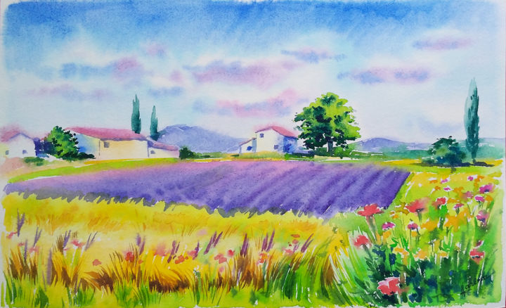 Painting titled "Provence landscape" by Olga Larina, Original Artwork, Watercolor